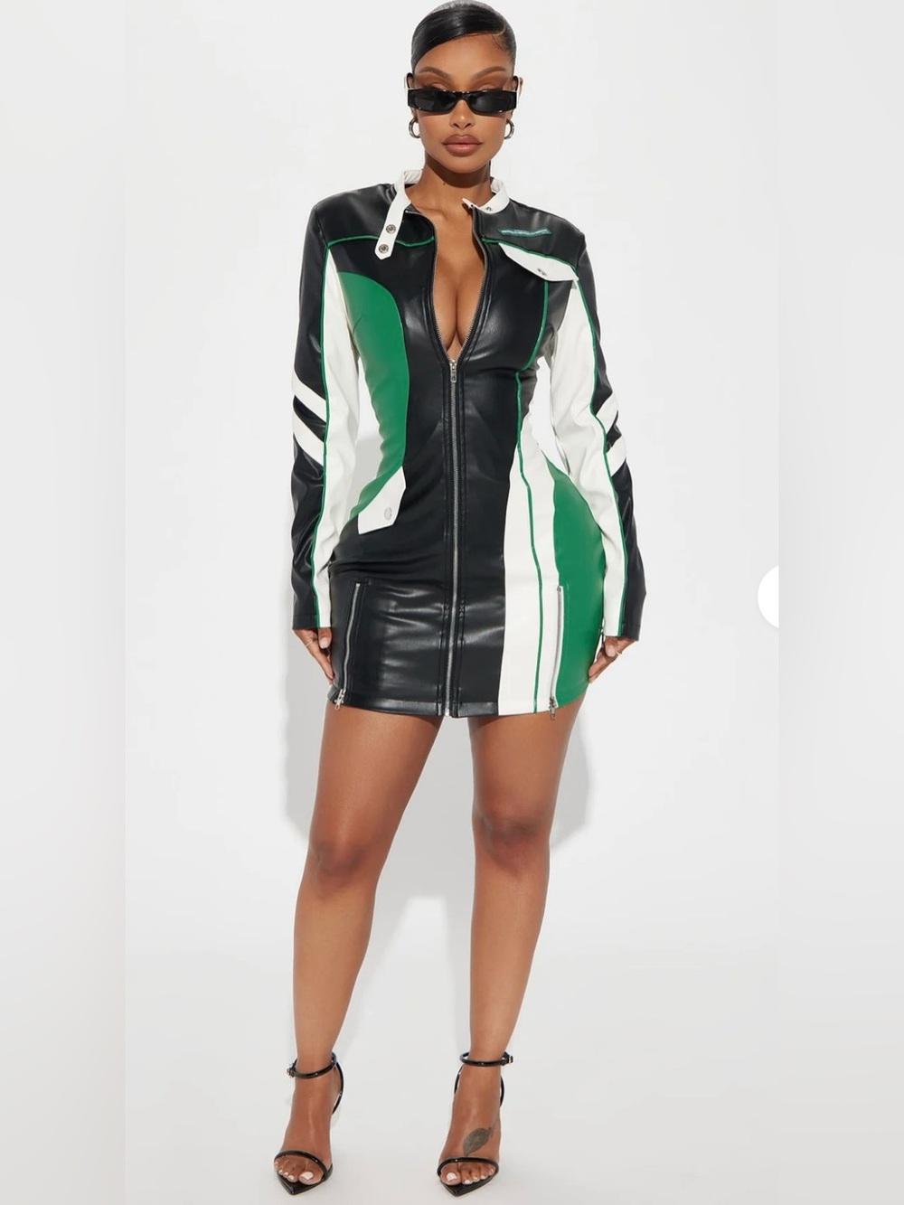 Fashion Nova Faux Leather Mini Dress Black White Green XL